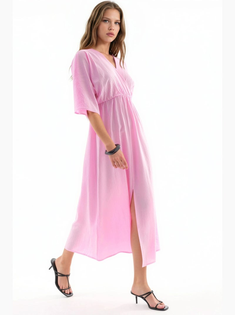 Vestido midi cruzado com decote em v e mangas três quartos busem Rosa-pálido - Kiabi