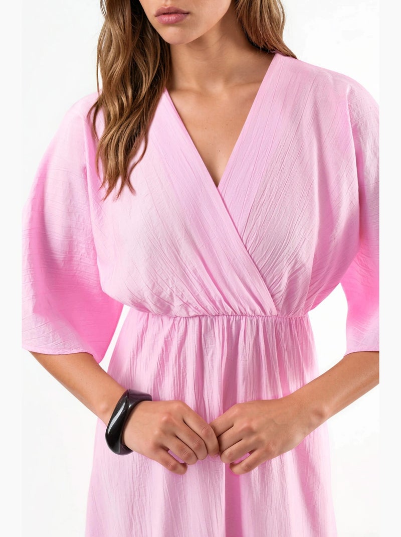 Vestido midi cruzado com decote em v e mangas três quartos busem Rosa-pálido - Kiabi