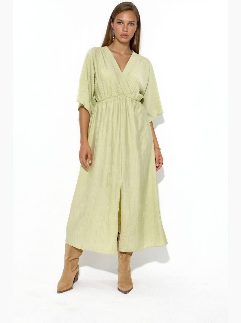 Vestido midi cruzado com decote em v e mangas três quartos busem Verde menta - Kiabi