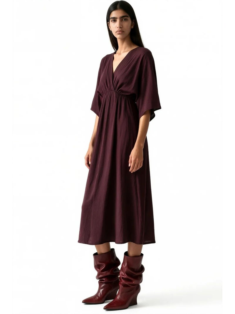 Vestido midi cruzado com decote em v e mangas três quartos busem Vermelho bordô - Kiabi