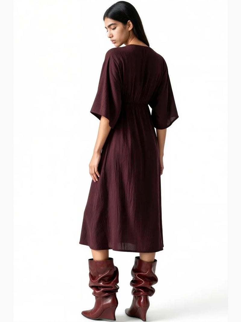 Vestido midi cruzado com decote em v e mangas três quartos busem Vermelho bordô - Kiabi