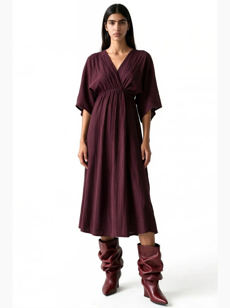 Vestido midi cruzado com decote em v e mangas três quartos busem Vermelho bordô - Kiabi