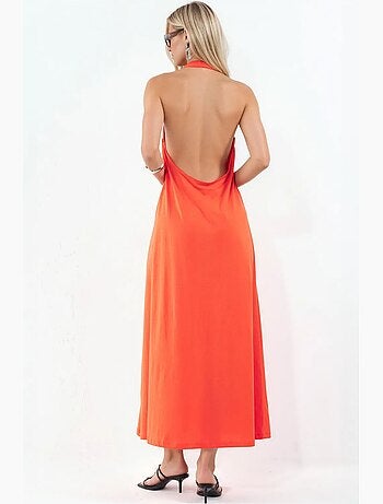 Vestido midi de algodão com decote halter e fenda busem