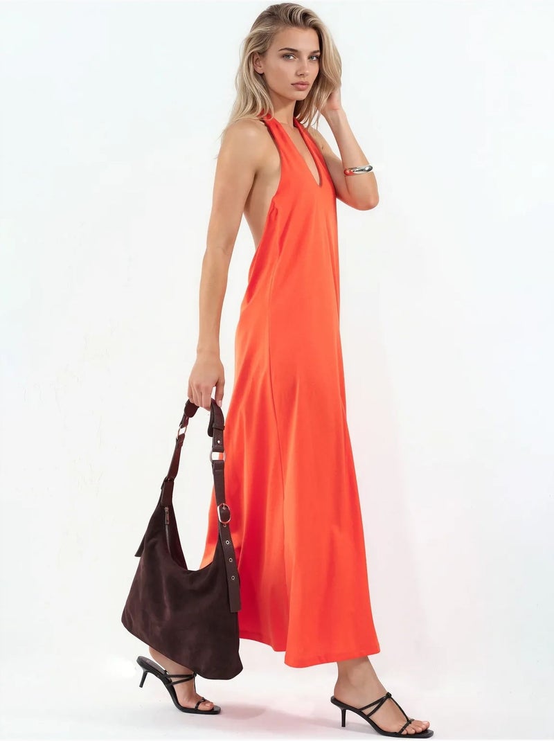 Vestido midi de algodão com decote halter e fenda busem Laranja - Kiabi