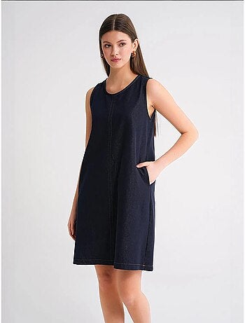 Vestido midi de algodão com decote redondo e bolsos mixray