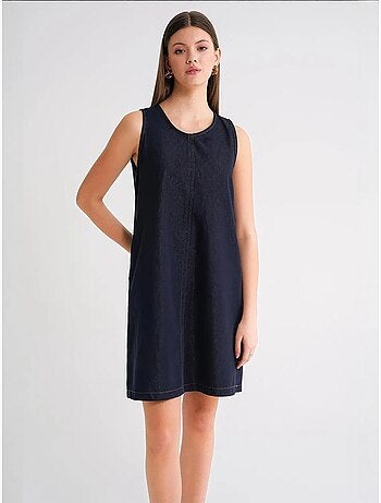 Vestido midi de algodão com decote redondo e bolsos mixray
