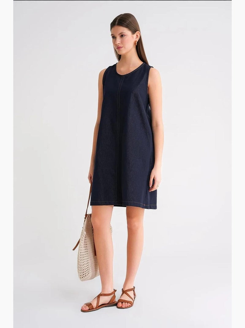 Vestido midi de algodão com decote redondo e bolsos mixray Azul-marinho - Kiabi