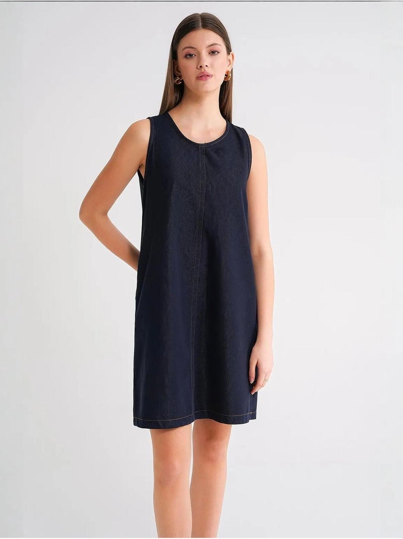Vestido midi de algodão com decote redondo e bolsos mixray Azul-marinho - Kiabi
