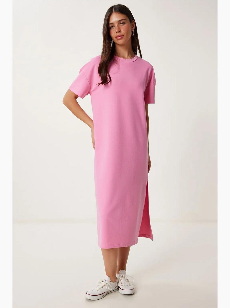 Vestido midi de algodão com racha istanbul Rosa-pálido - Kiabi