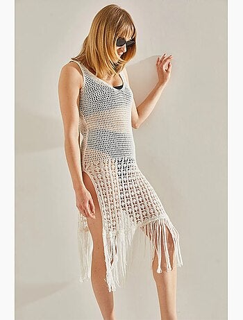 Vestido midi de algodão texturizado com decote quadrado lucci
