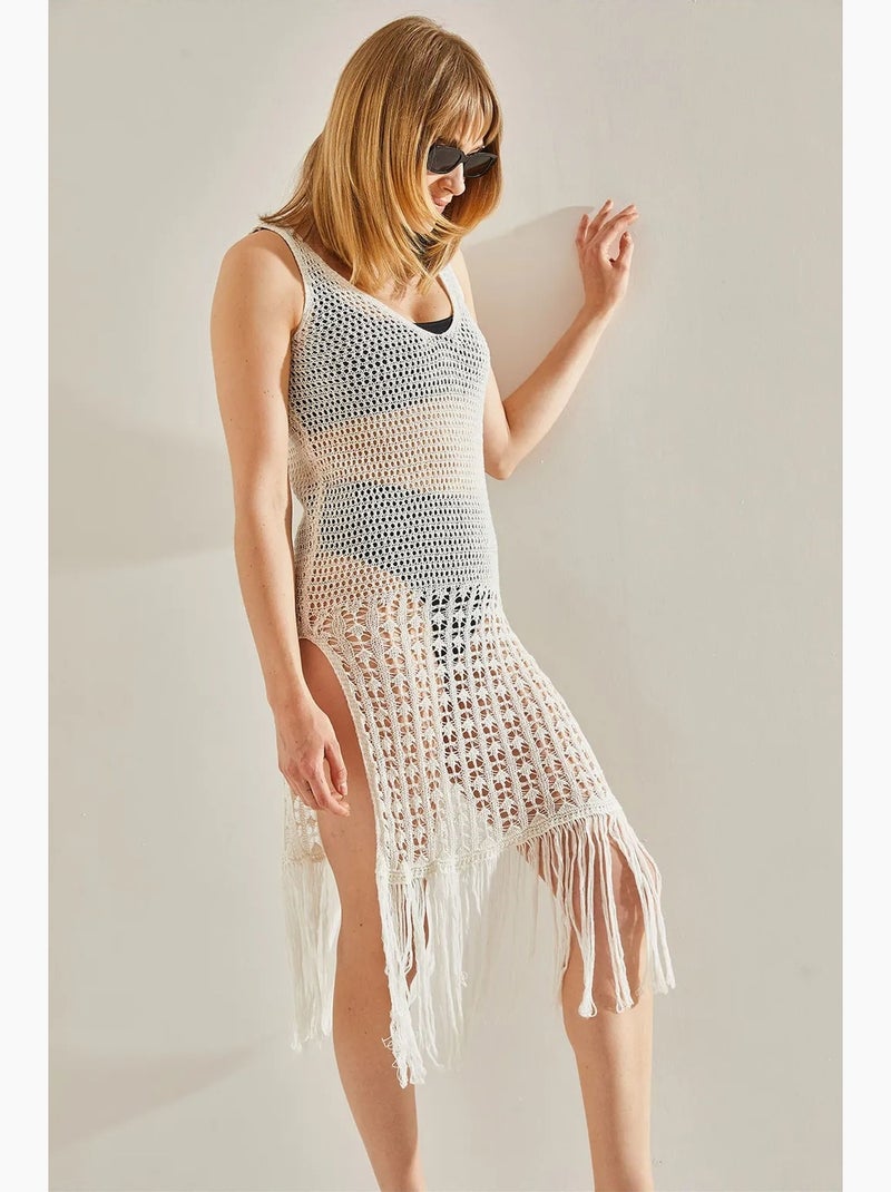Vestido midi de algodão texturizado com decote quadrado lucci Branco - Kiabi