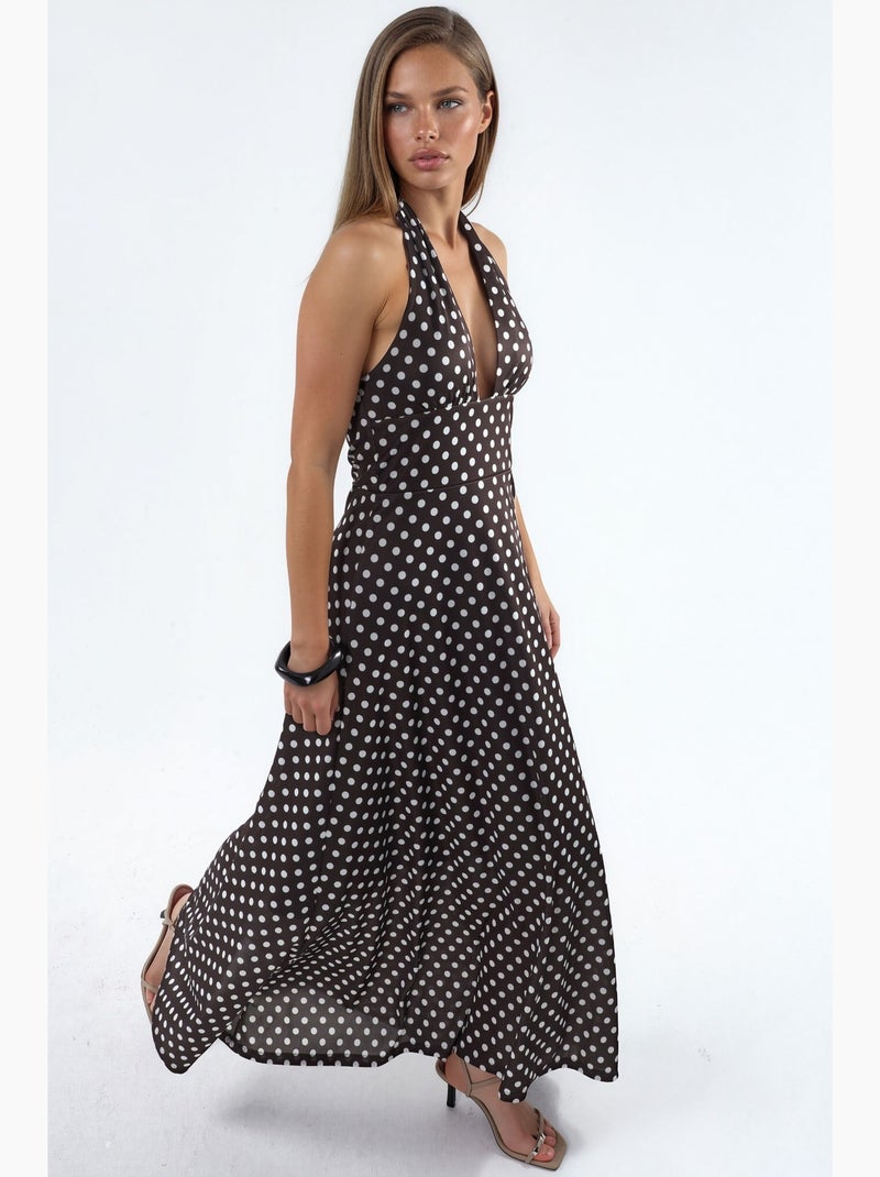Vestido midi de bolinhas com gola halter hiccup Castanho - Kiabi