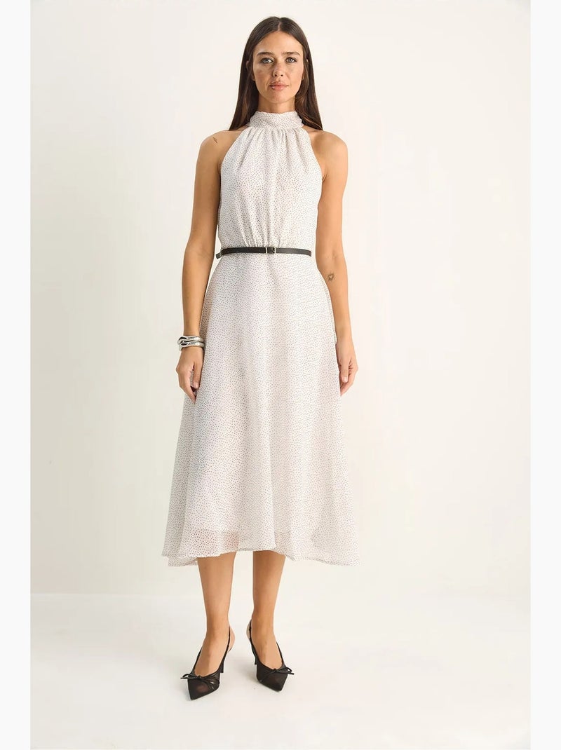Vestido midi de bolinhas com gola halter lucci Branco sujo - Kiabi