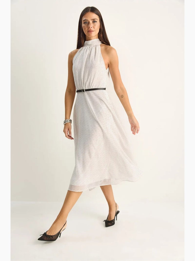 Vestido midi de bolinhas com gola halter lucci Branco sujo - Kiabi