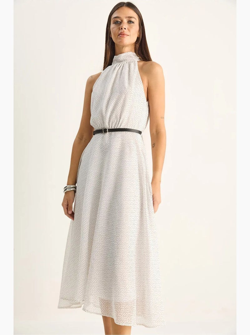 Vestido midi de bolinhas com gola halter lucci Branco sujo - Kiabi