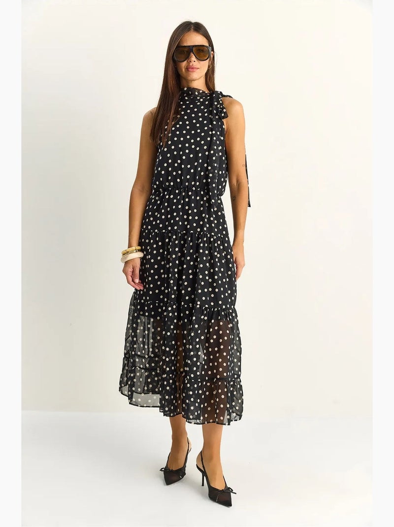 Vestido midi de bolinhas com gola halter lucci Preto - Kiabi