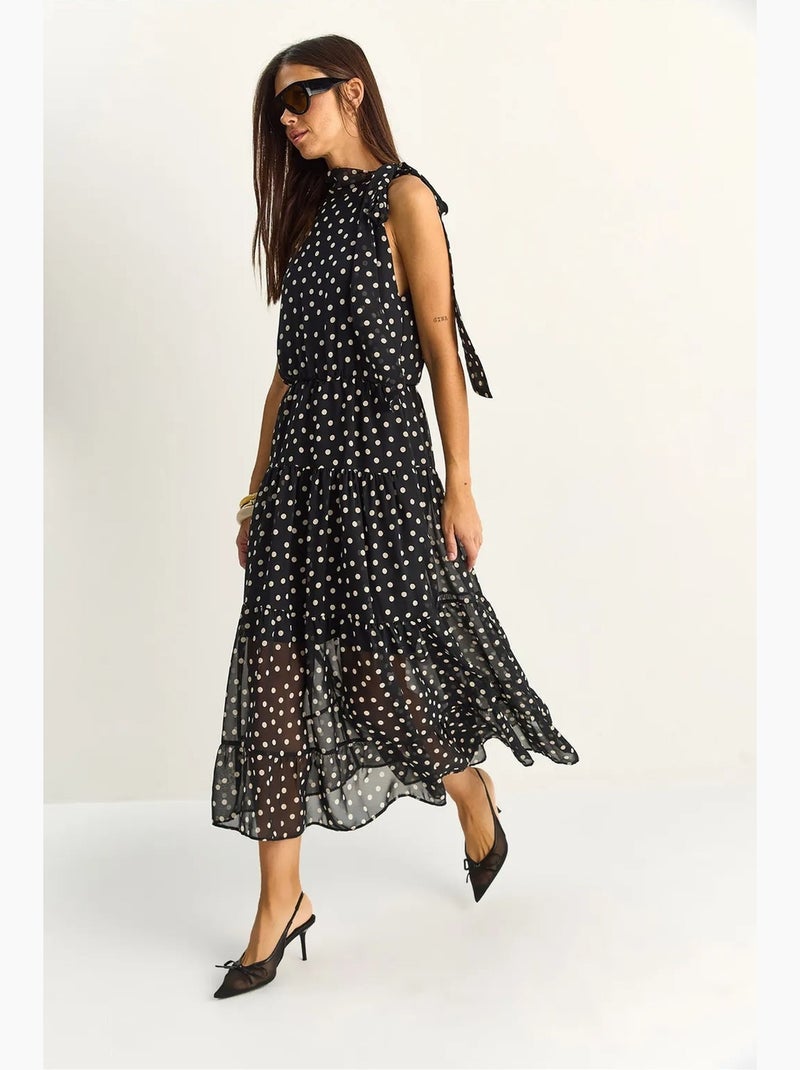 Vestido midi de bolinhas com gola halter lucci Preto - Kiabi
