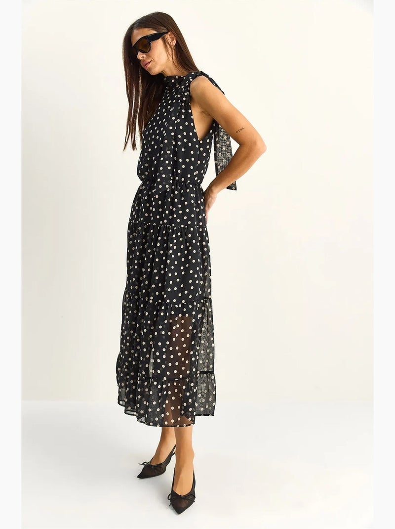 Vestido midi de bolinhas com gola halter lucci Preto - Kiabi