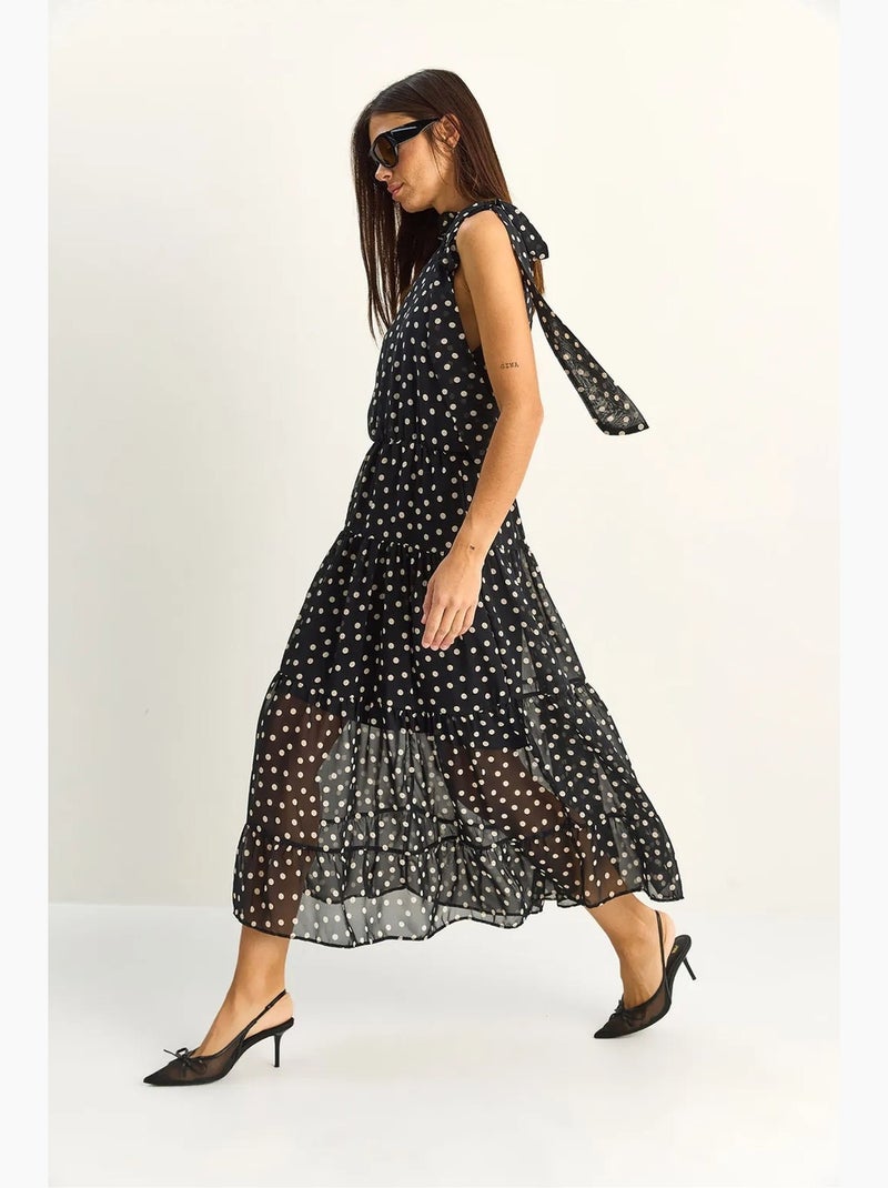 Vestido midi de bolinhas com gola halter lucci Preto - Kiabi