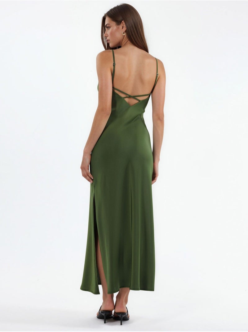 Vestido midi de cetim Cáqui - Kiabi