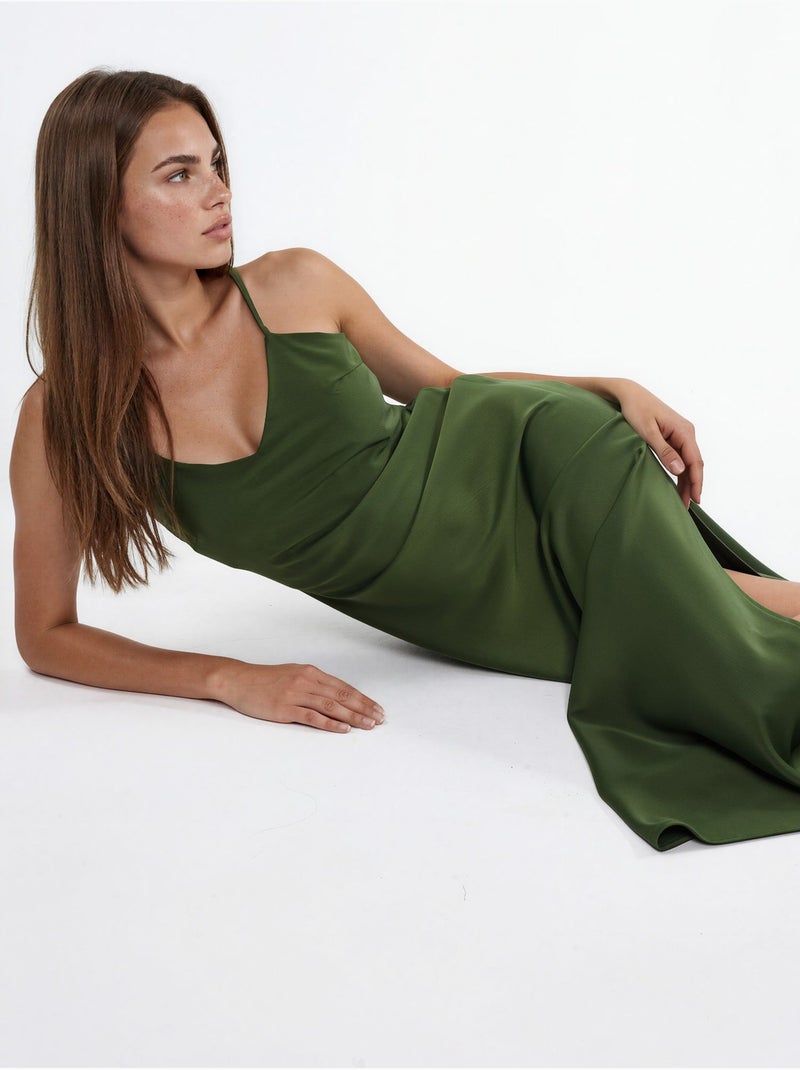 Vestido midi de cetim Cáqui - Kiabi