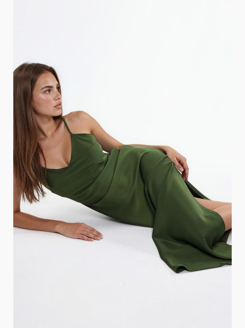 Vestido midi de cetim hiccup Cáqui - Kiabi