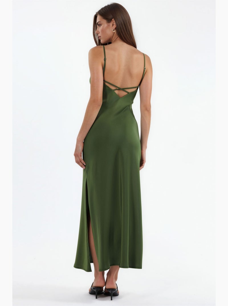 Vestido midi de cetim hiccup Cáqui - Kiabi