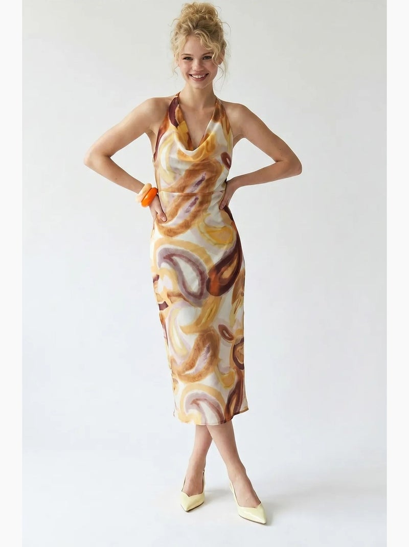 Vestido midi de chiffon abstrato mixray Creme - Kiabi