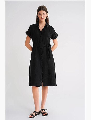 Vestido midi de corte descontraído com colarinho de camisa e botões mixray