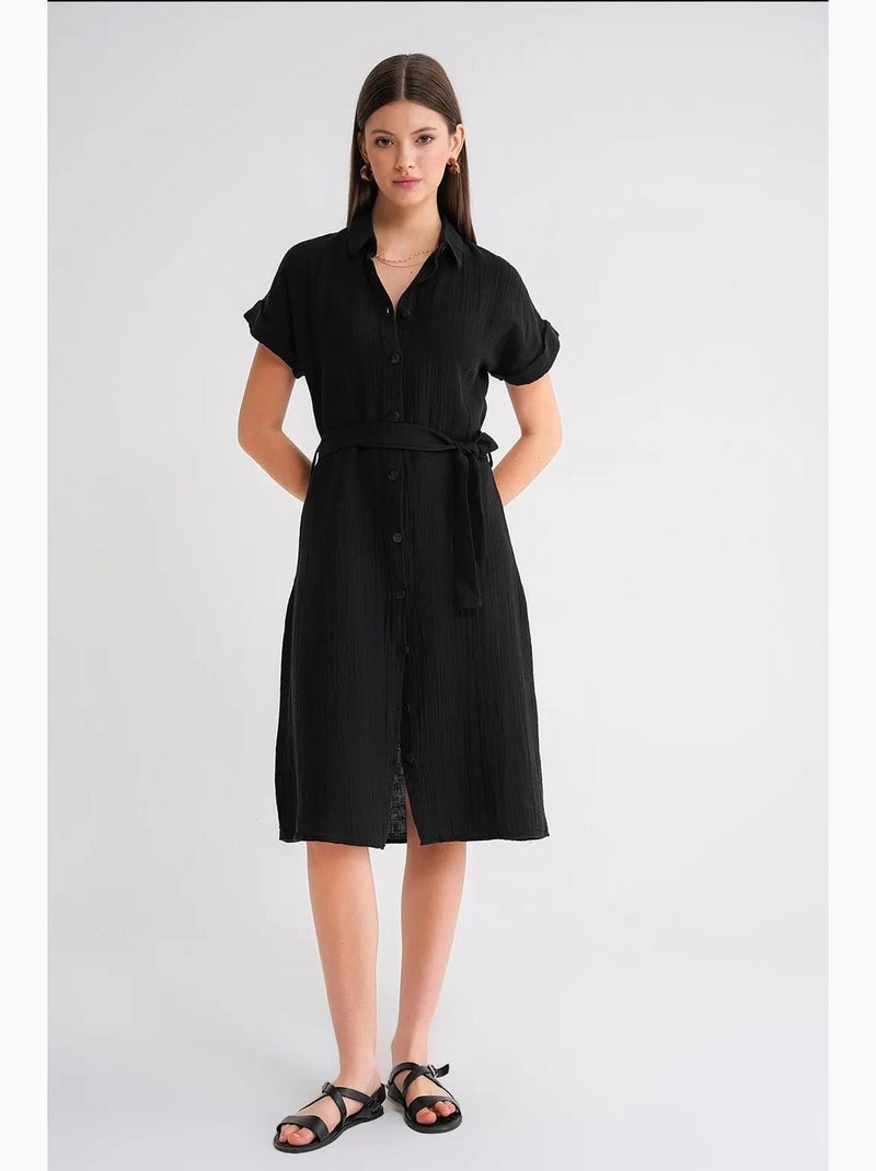 Vestido midi de corte descontraído com colarinho de camisa e botões mixray Preto - Kiabi