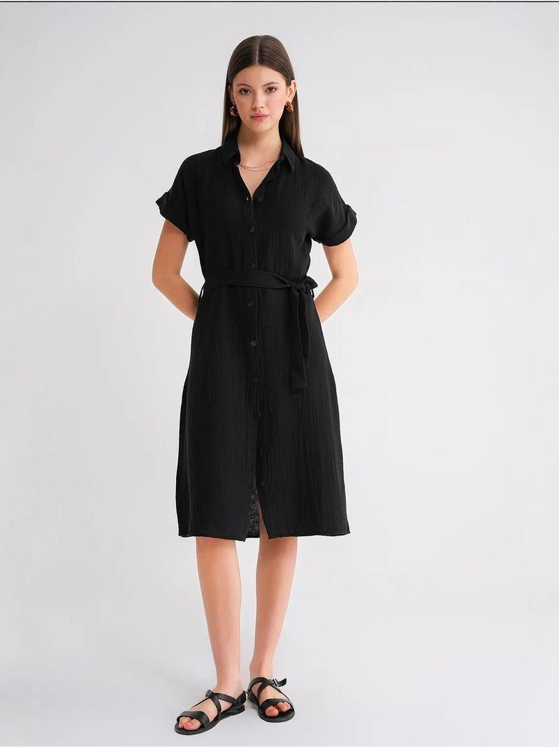 Vestido midi de corte descontraído com colarinho de camisa e botões mixray Preto - Kiabi