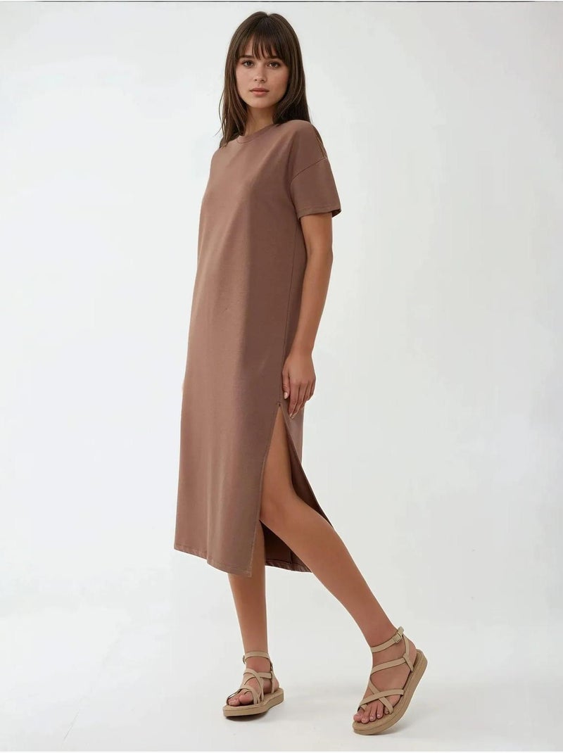 Vestido midi de corte descontraído com gola redonda hiccup Castanho-escuro - Kiabi