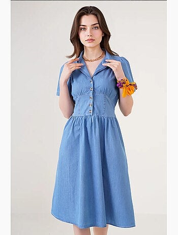 Vestido midi de ganga com colarinho de camisa e fecho de botões bdart