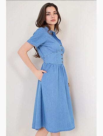 Vestido midi de ganga com colarinho de camisa e fecho de botões bdart