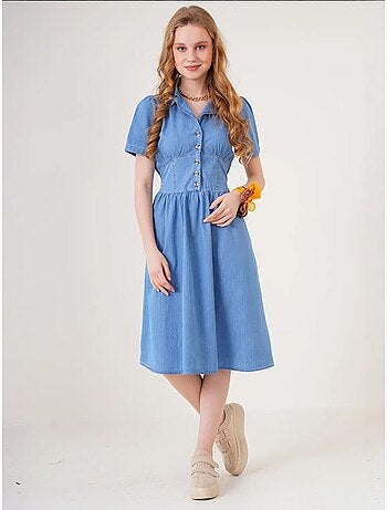 Vestido midi de ganga com colarinho de camisa e fecho de botões bdart