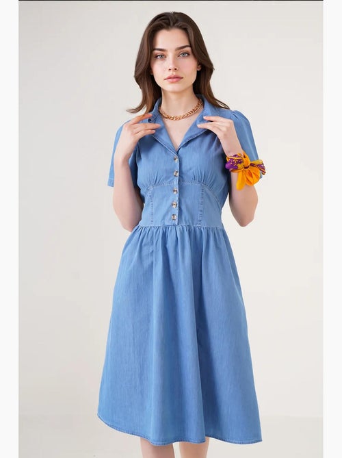 Vestido midi de ganga com colarinho de camisa e fecho de botões bdart - Kiabi Vestido midi de ganga com colarinho de camisa e fecho de botões bdart - Kiabi
