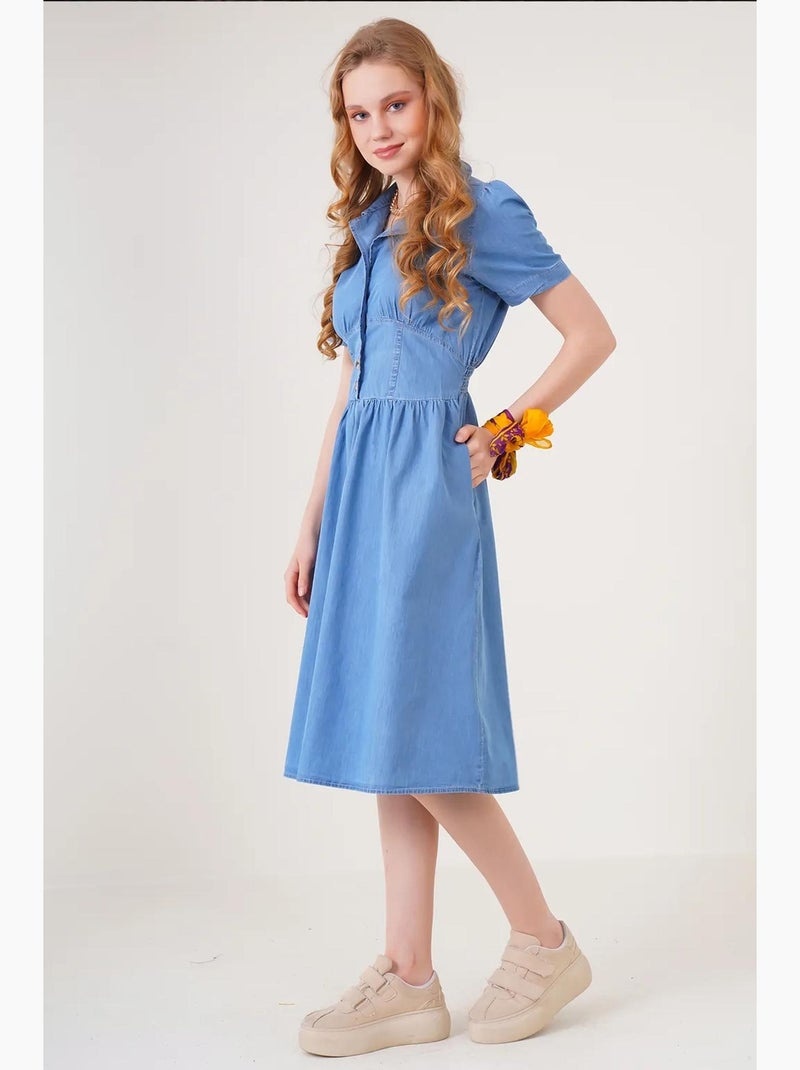 Vestido midi de ganga com colarinho de camisa e fecho de botões bdart Azul claro - Kiabi