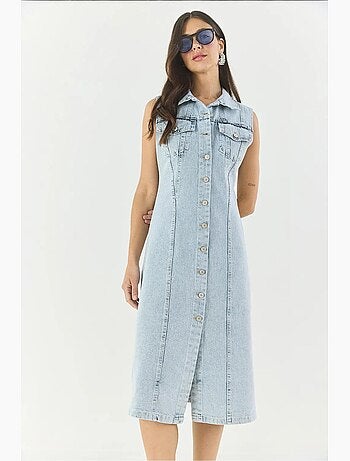 Vestido midi de ganga justo com fecho de botões lucci
