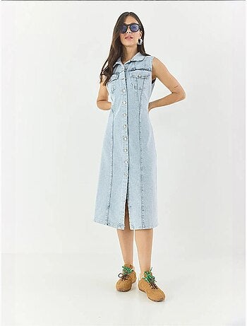 Vestido midi de ganga justo com fecho de botões lucci