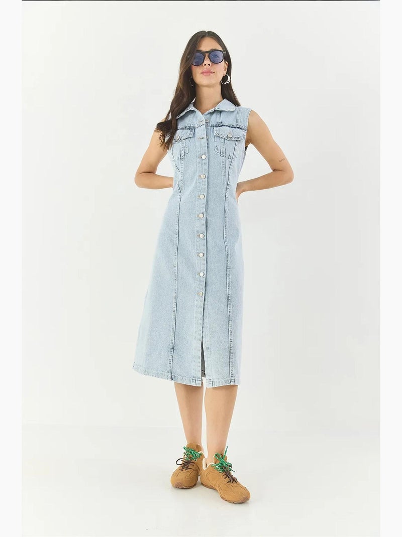 Vestido midi de ganga justo com fecho de botões lucci Azul claro - Kiabi