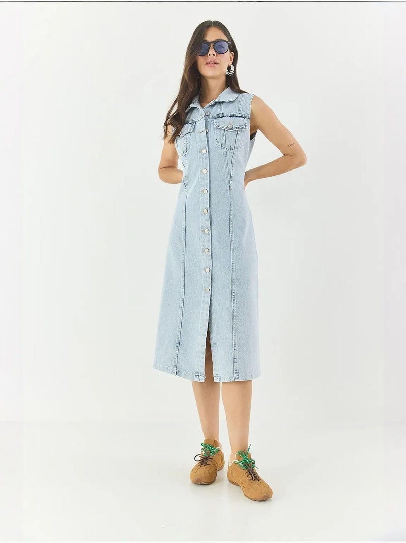 Vestido midi de ganga justo com fecho de botões lucci Azul claro - Kiabi