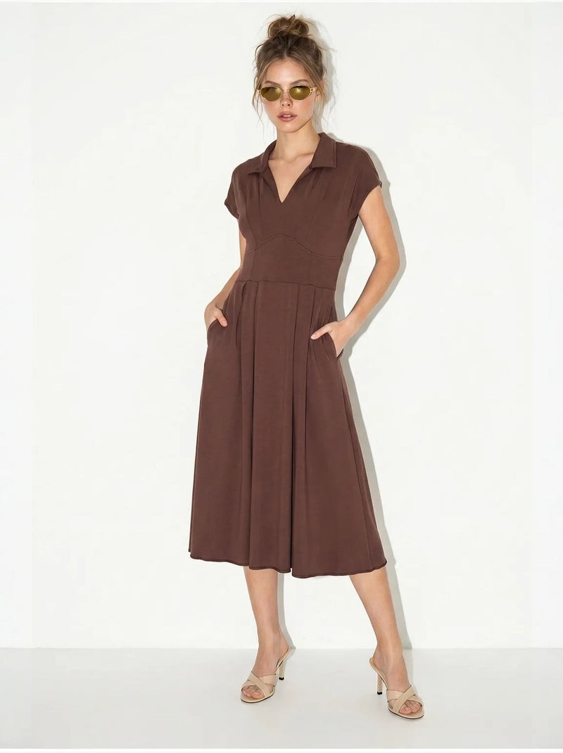 Vestido midi de jersey em linha a com gola polo lucci Castanho - Kiabi