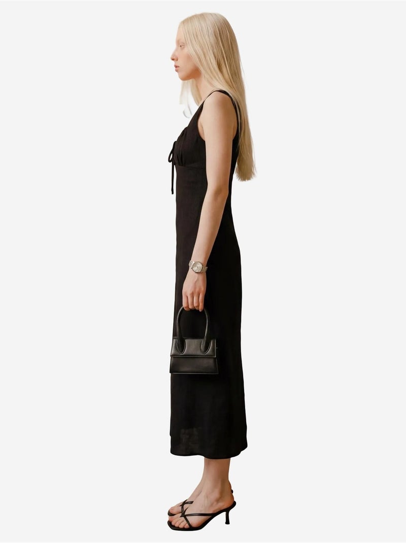 Vestido midi de linho com detalhe de atar my fashion Preto - Kiabi