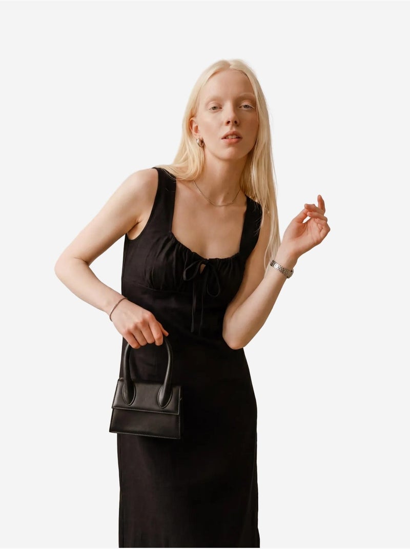 Vestido midi de linho com detalhe de atar my fashion Preto - Kiabi