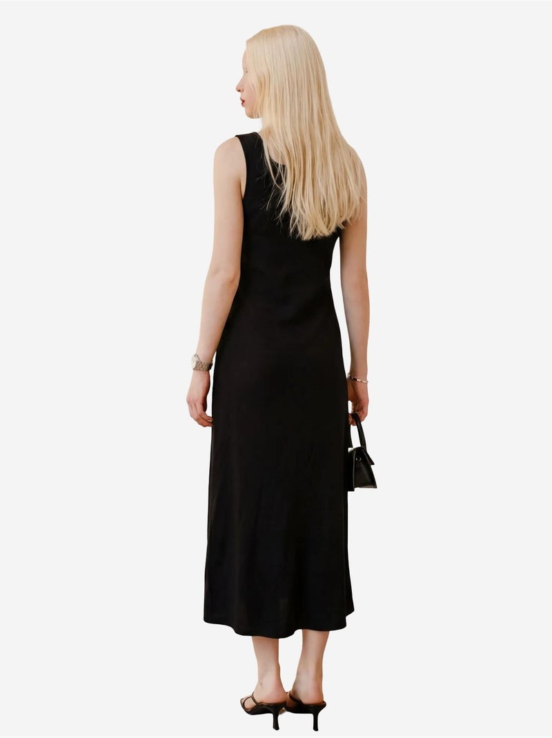 Vestido midi de linho com detalhe de atar my fashion Preto - Kiabi