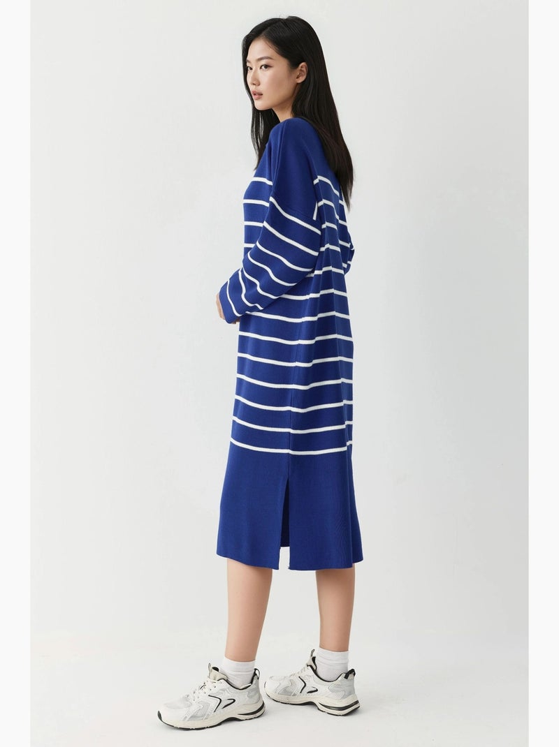 Vestido midi de malha às riscas com decote em v, corte largo e racha my fashion Azul-cobalto - Kiabi
