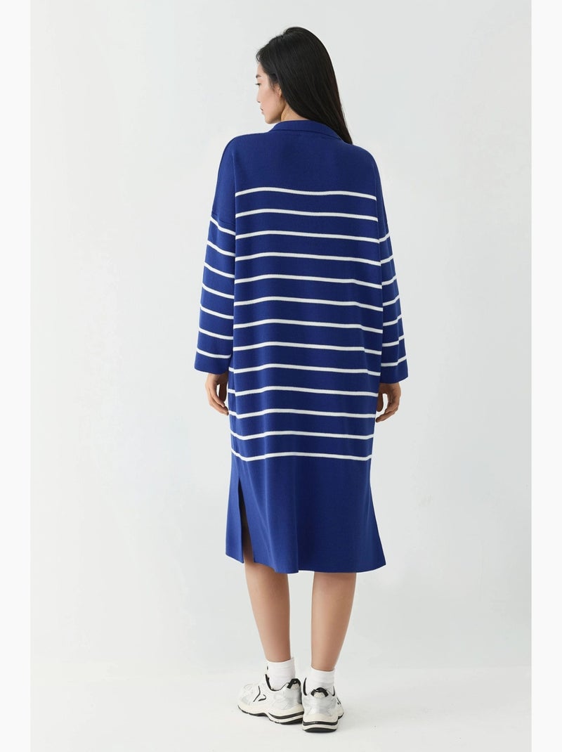 Vestido midi de malha às riscas com decote em v, corte largo e racha my fashion Azul-cobalto - Kiabi
