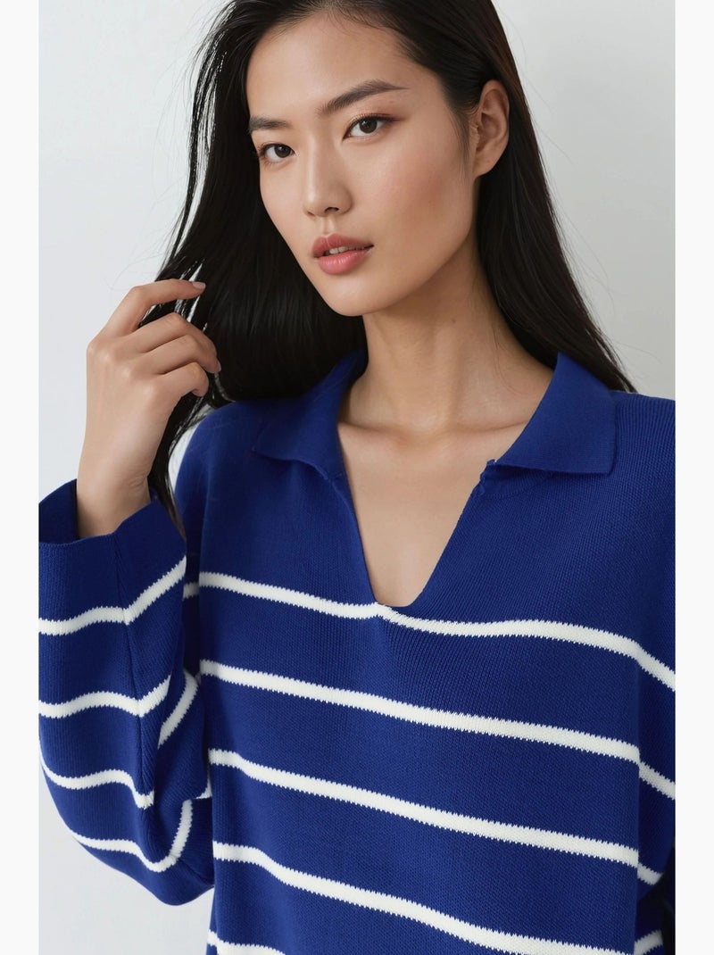 Vestido midi de malha às riscas com decote em v, corte largo e racha my fashion Azul-cobalto - Kiabi