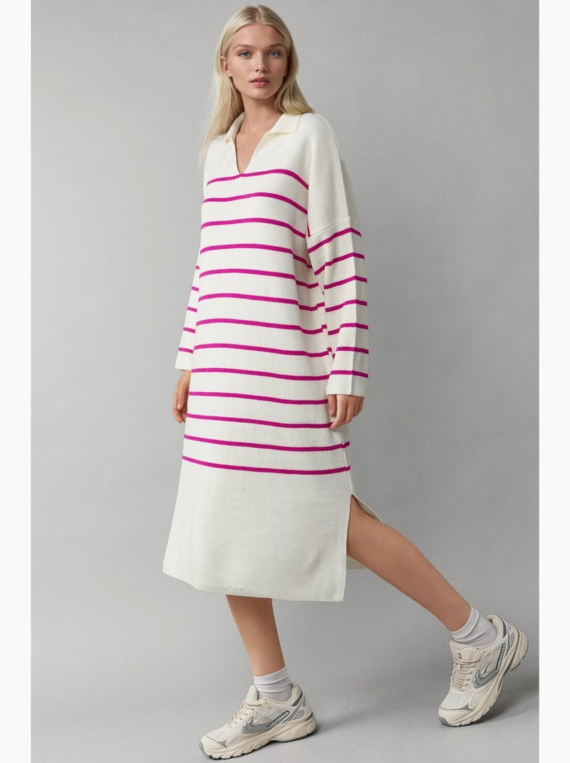 Vestido midi de malha às riscas com decote em v, corte largo e racha my fashion Magenta - Kiabi
