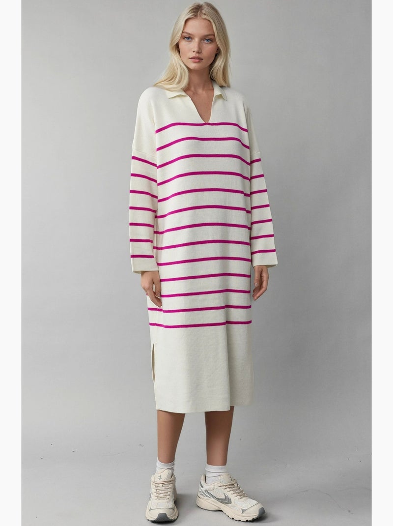 Vestido midi de malha às riscas com decote em v, corte largo e racha my fashion Magenta - Kiabi